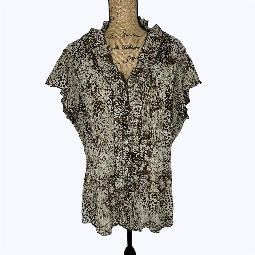 New Directions Crinkle Top Brown Animal Print Ruffle Button Front Office Sz 2X